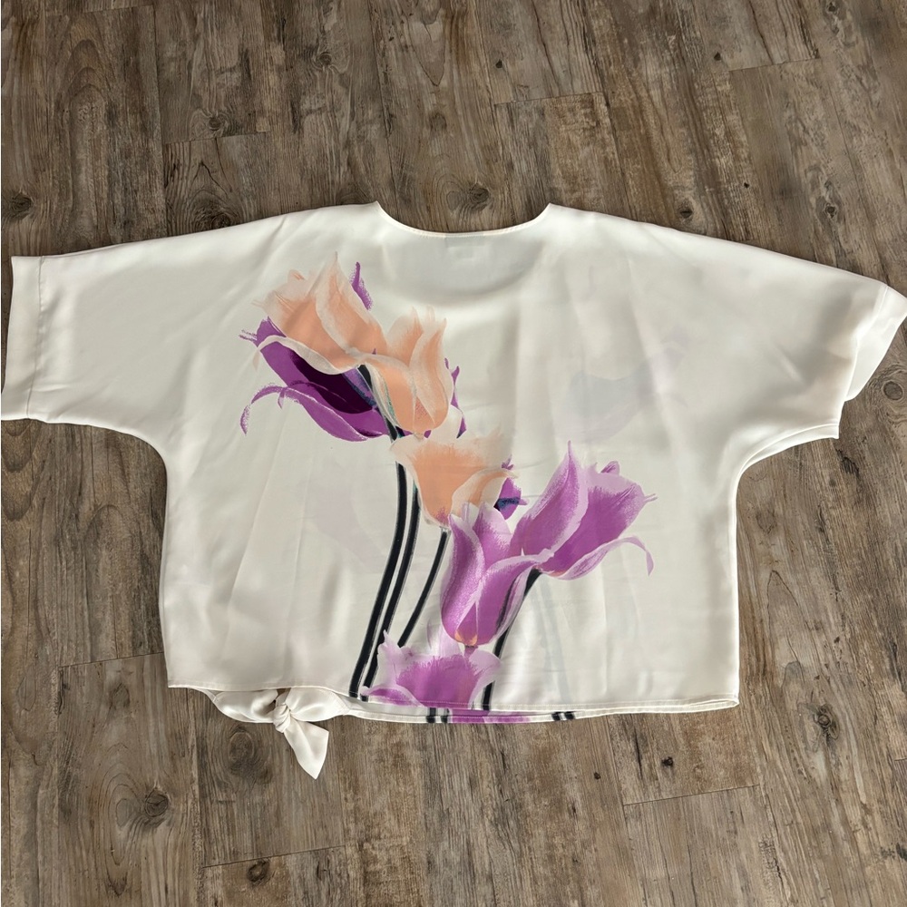 Pink and White blouse with floral print and Tie Front